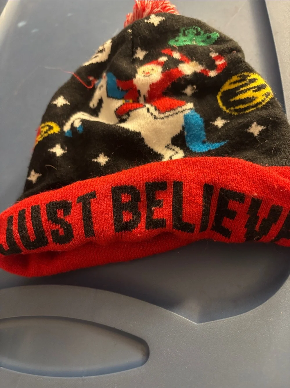 Kids Black & Red Santa Unicorn Pom-Pom Beanie